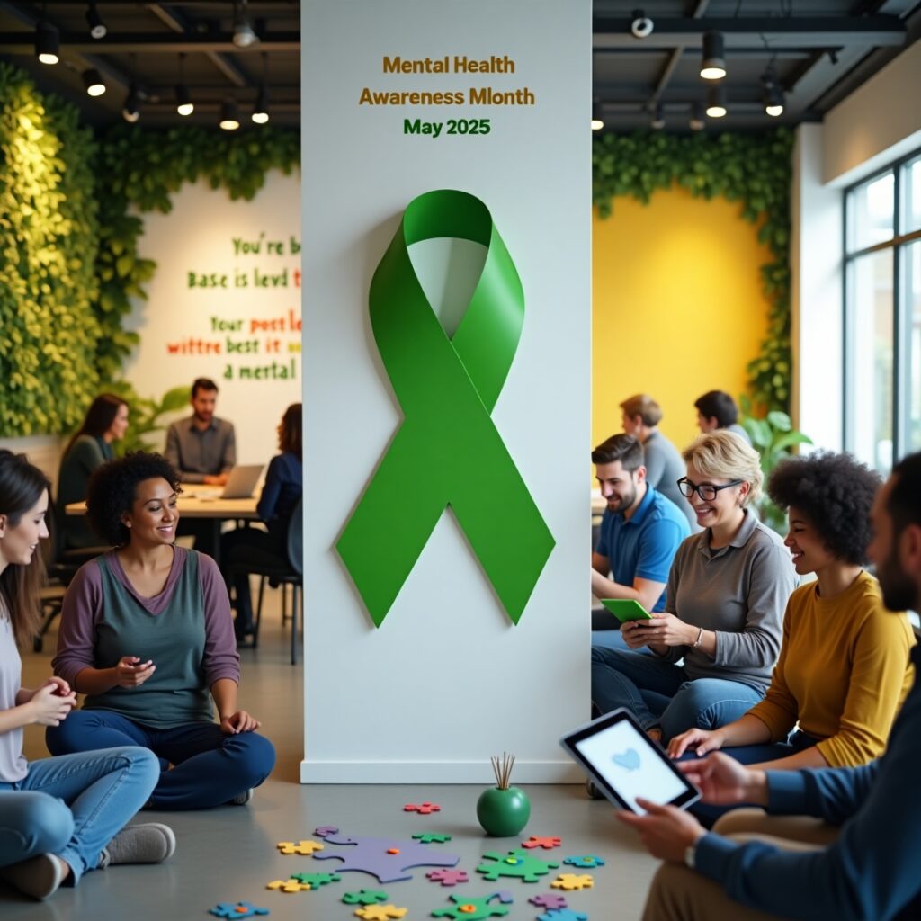 A modern office space decorated for Mental Health Awareness Month, May 2025. A large green awareness ribbon is displayed prominently on a central column. Around the room, a diverse group of adults sits in a relaxed, circle-style gathering. They are engaging in activities like puzzles, conversations, and using digital tablets. The atmosphere is warm and supportive, with greenery and motivational text on the walls promoting mental well-being.