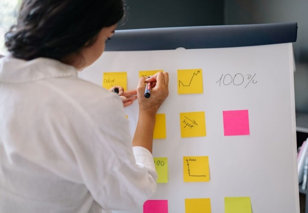a woman drawing on post it notes on whiteboard